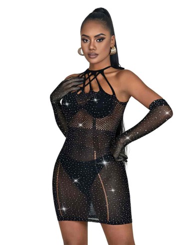 Vestido Negro de Rejilla Con Brillante 952235 Talla Única