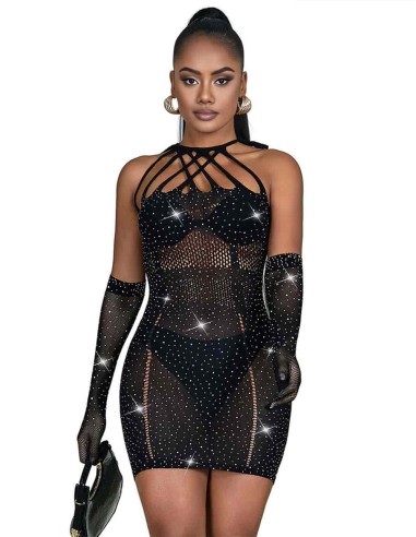 Vestido Negro de Rejilla Con Brillante 952235 Talla Única