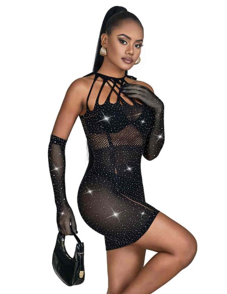 Vestido Negro de Rejilla Con Brillante 952235 Talla Única