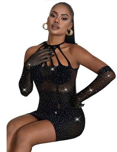 Vestido Negro de Rejilla Con Brillante 952235 Talla Única