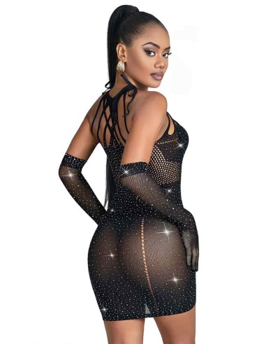 Vestido Negro de Rejilla Con Brillante 952235 Talla Única