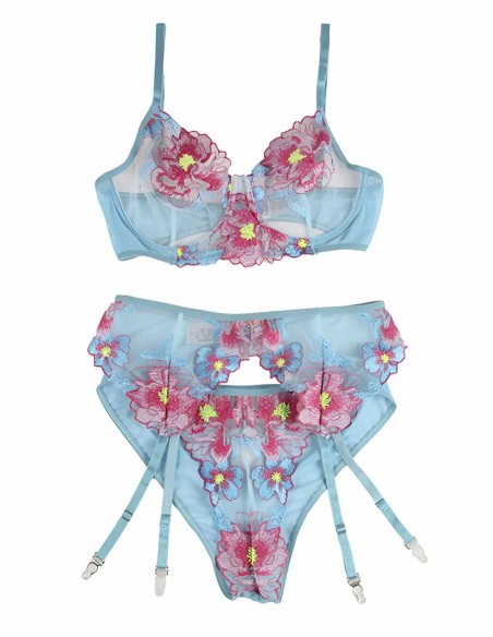 Conjunto 3 Piezas Con Liguero y Bordados Florales 954109