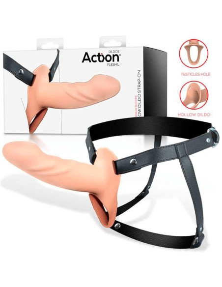arnés strap-on con dildo hueco de silicona firme y flexible