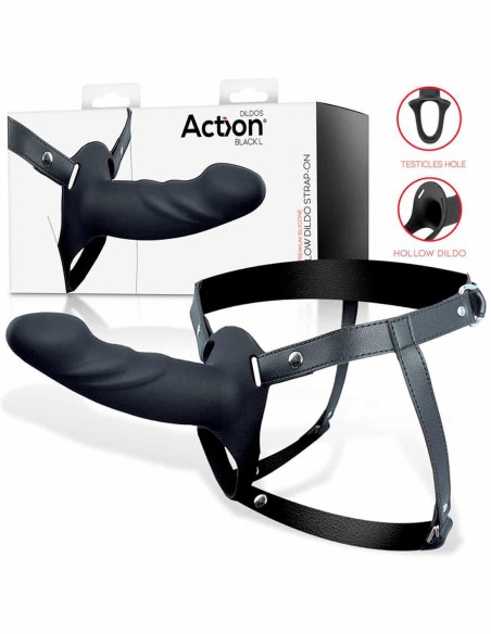arnés con dildo hueco de silicona premium talla l negro para uso unisex