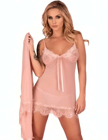 Picardías Rosa Suave Con Encaje Floral y Tanga