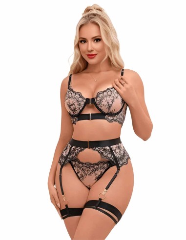 Conjunto Ximena de 4 piezas con liguero y tanga