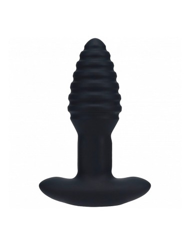Plug anal vibrador y rotativo Ribbed Rotator de silicona negra estriada.