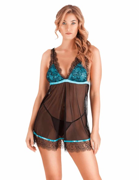 Picardías negro y azul con escote en V y encaje floral: dulce, cómodo y muy sexy.