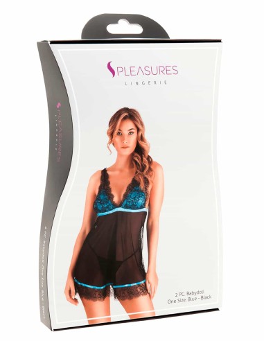 Presentación del producto: picardías con tanga simple incluido (talla única, negro/azul).