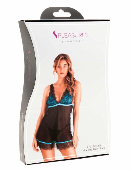 Presentación del producto: picardías con tanga simple incluido (talla única, negro/azul).